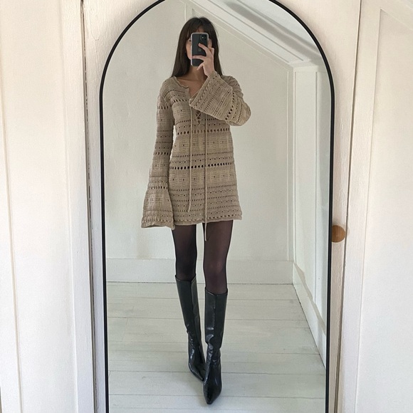 TheOpen Product Pointelle Crochet Knit Wide Sleeve Sweater in Beige Size 1 - Picture 4 of 14